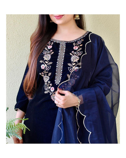 Dark Blue Velvet Suit set with embroidery for winter wear - Beautiful flower embroidery -suit, salwar and dupatta