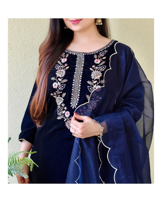 Dark Blue Velvet Suit set with embroidery for winter wear - Beautiful flower embroidery -suit, salwar and dupatta