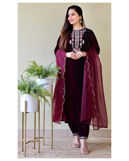 Maroon Velvet Suit set with embroidery for winter wear - Beautiful flower embroidery -suit, salwar and dupatta