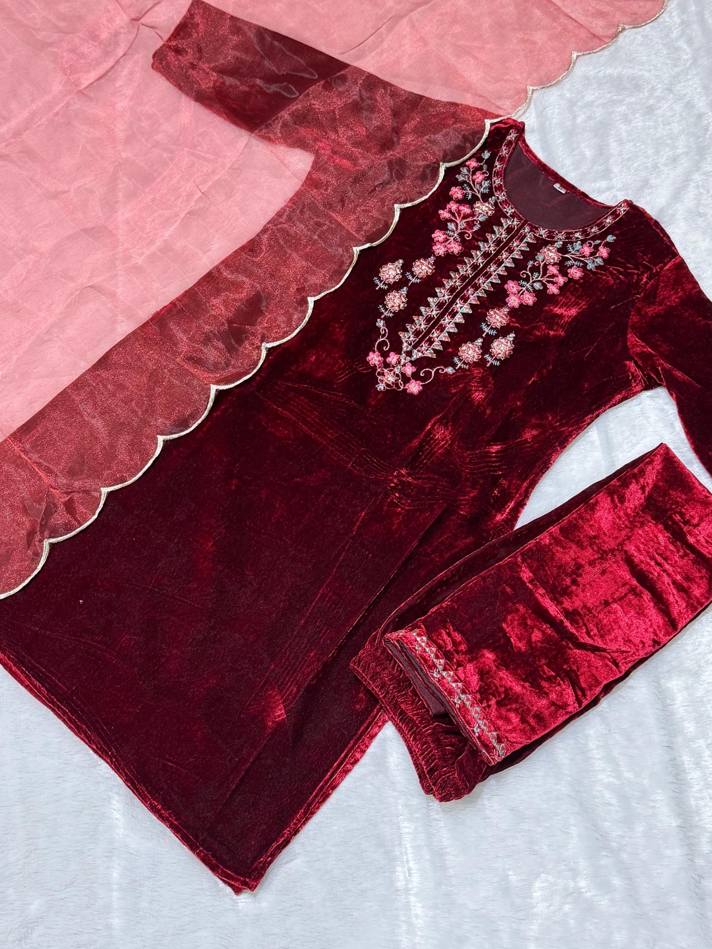 Maroon Velvet Suit set with embroidery for winter wear - Beautiful flower embroidery -suit, salwar and dupatta