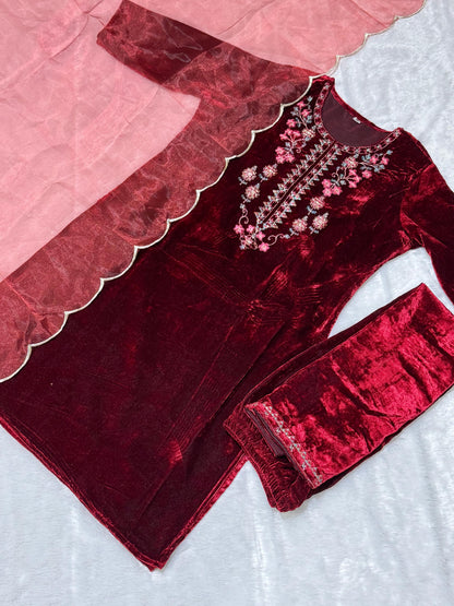 Maroon Velvet Suit set with embroidery for winter wear - Beautiful flower embroidery -suit, salwar and dupatta