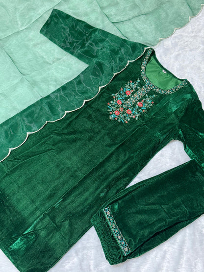 Green Velvet Suit set with embroidery for winter wear - Beautiful flower embroidery -suit, salwar and dupatta