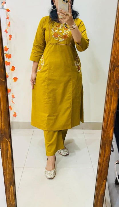 Stylish Embroidery Solid Kurti With Pant Set