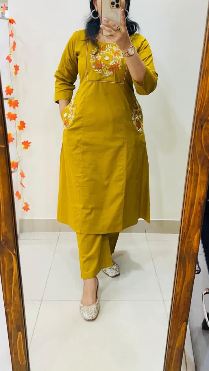 Stylish Embroidery Solid Kurti With Pant Set
