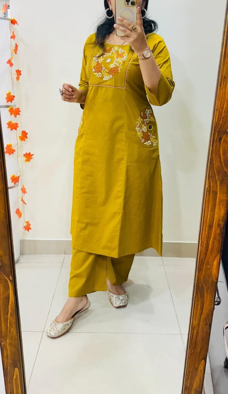 Stylish Embroidery Solid Kurti With Pant Set