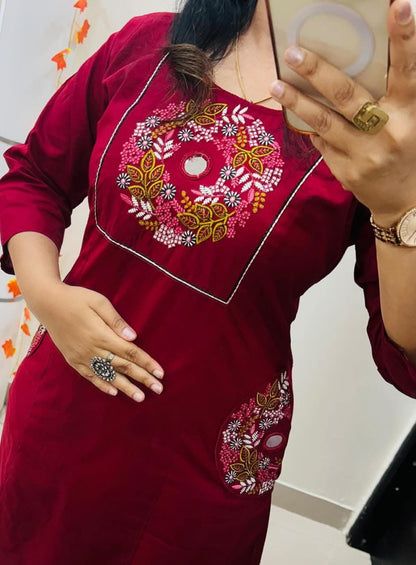 Stylish Embroidery Solid Kurti With Pant Set
