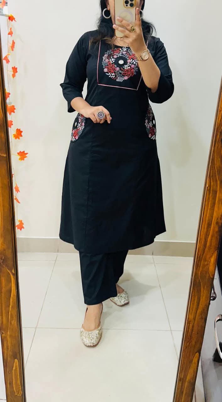 Stylish Embroidery Solid Kurti With Pant Set