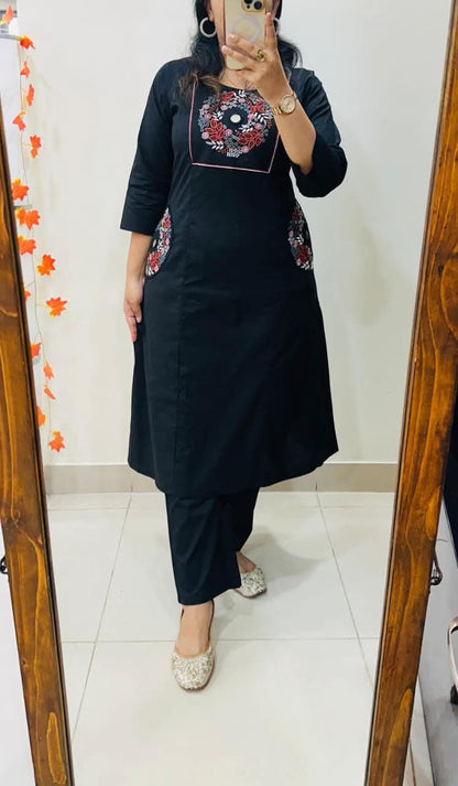Stylish Embroidery Solid Kurti With Pant Set