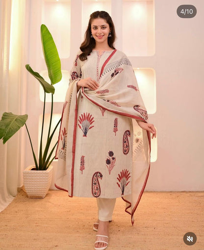 Floral Print Kurti With Pant And Dupatta Suit Set
