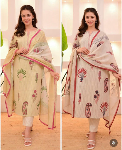 Floral Print Kurti With Pant And Dupatta Suit Set