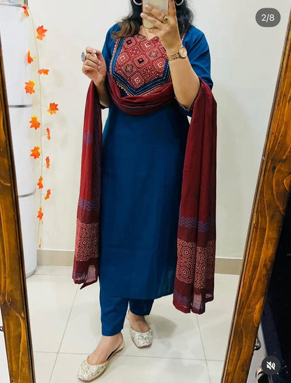 Beautiful Solid Kurti With Same Maching Pant And Printed Dupatta Set