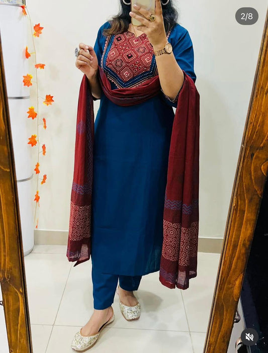 Beautiful Solid Kurti With Same Maching Pant And Printed Dupatta Set