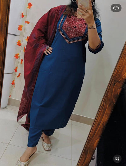 Beautiful Solid Kurti With Same Maching Pant And Printed Dupatta Set