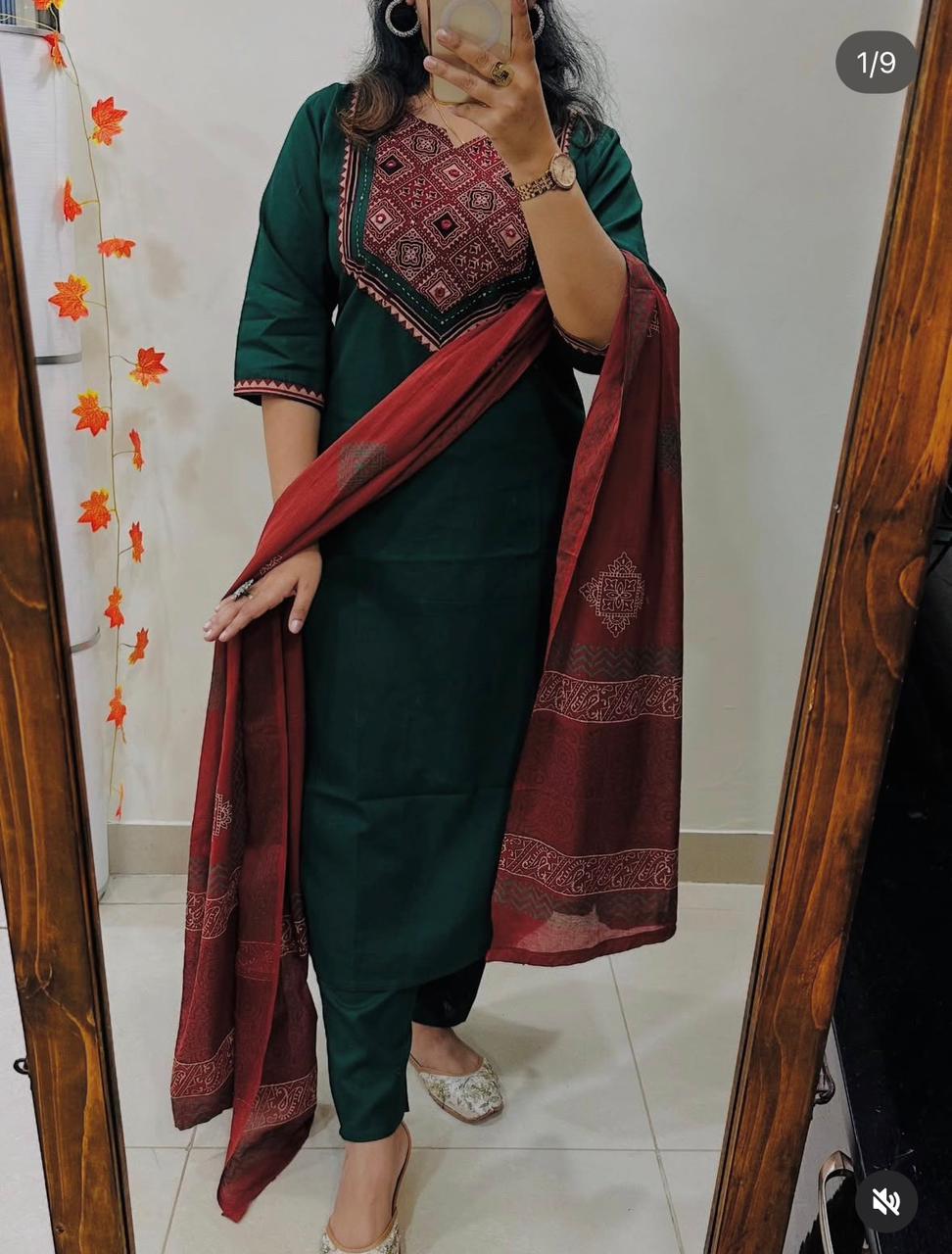 Beautiful Solid Kurti With Same Maching Pant And Printed Dupatta Set