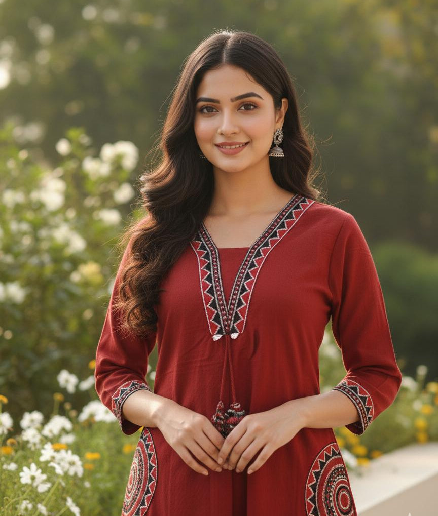 Maroon Stylish Embroidered Kurti With Pant Suit Set