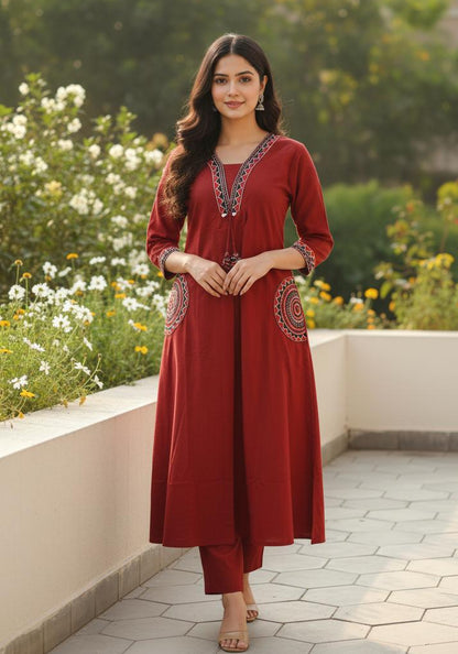 Maroon Stylish Embroidered Kurti With Pant Suit Set