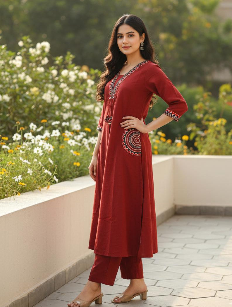 Maroon Stylish Embroidered Kurti With Pant Suit Set