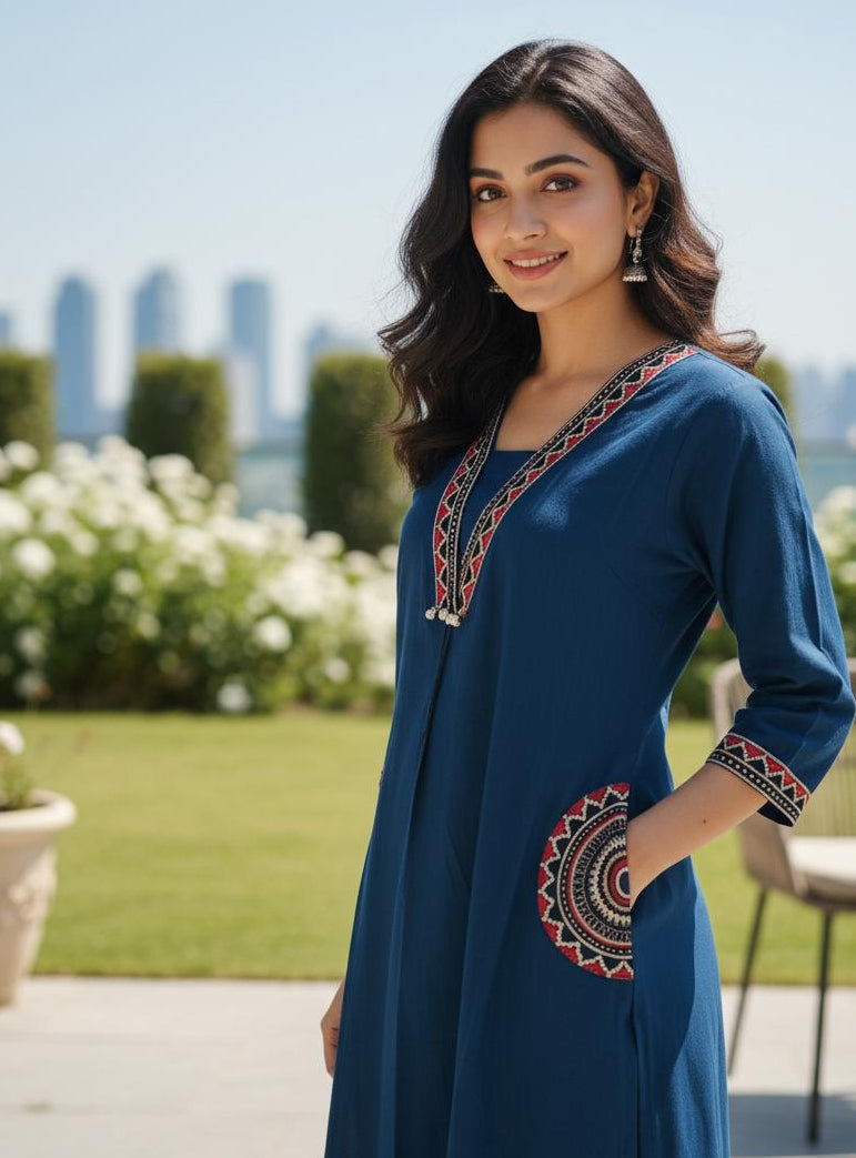Blue Stylish Embroidered Kurti With Pant Suit Set