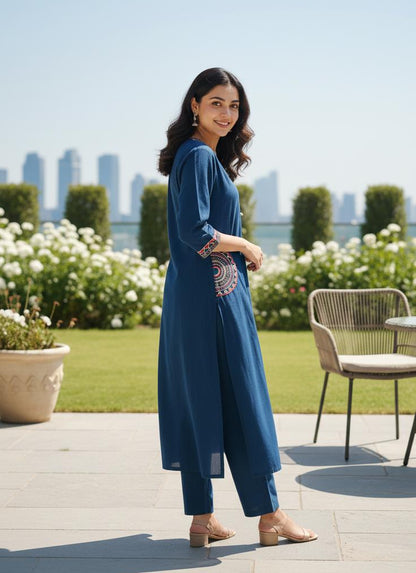 Blue Stylish Embroidered Kurti With Pant Suit Set