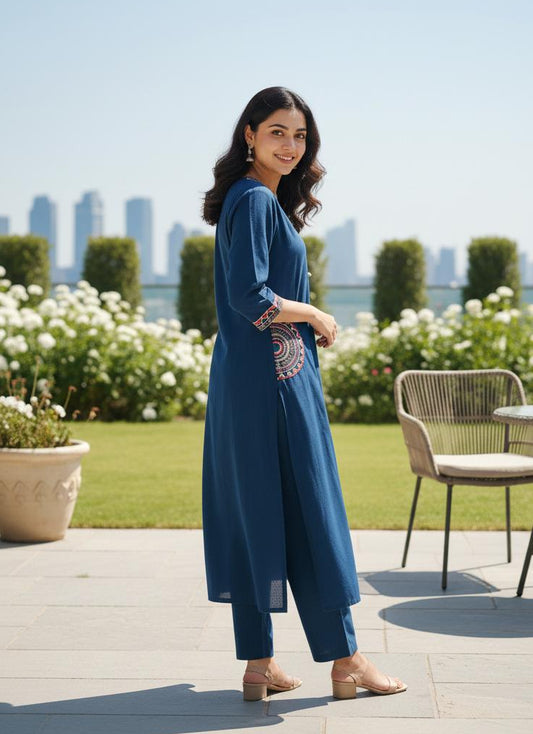 Blue Stylish Embroidered Kurti With Pant Suit Set
