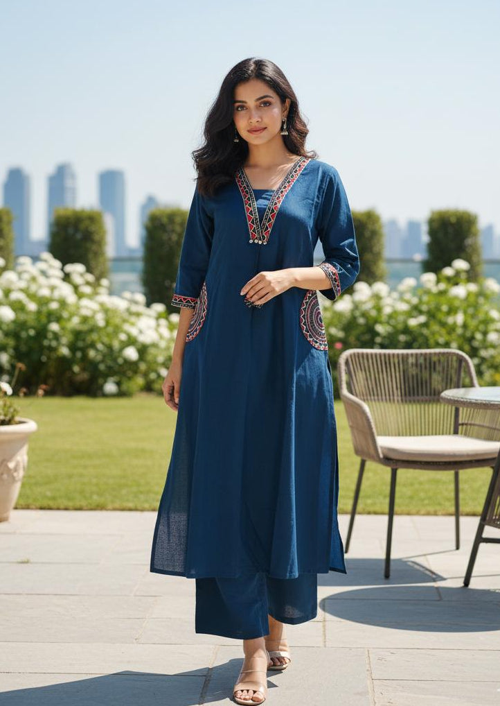Blue Stylish Embroidered Kurti With Pant Suit Set