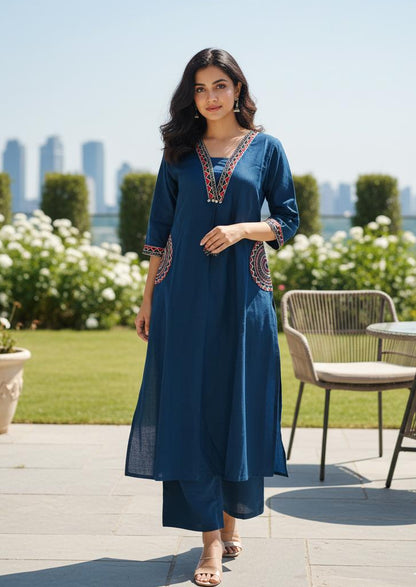 Blue Stylish Embroidered Kurti With Pant Suit Set