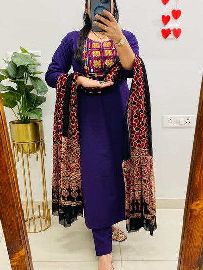 Premium Cotton Embroiderd Kurti With Pant And Dupatta Set