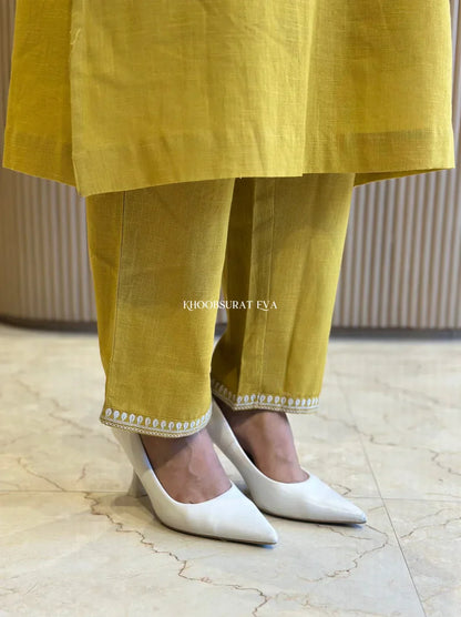 Libas Kurta Mustard Yellow Cotton Kurta With White Embroidery