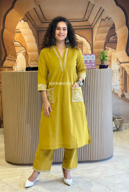 Libas Kurta Mustard Yellow Cotton Kurta With White Embroidery