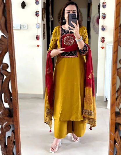 Rajasthani Mirror Work Yellow Kurti Dupatta Set
