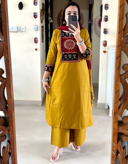 Rajasthani Mirror Work Yellow Kurti Dupatta Set