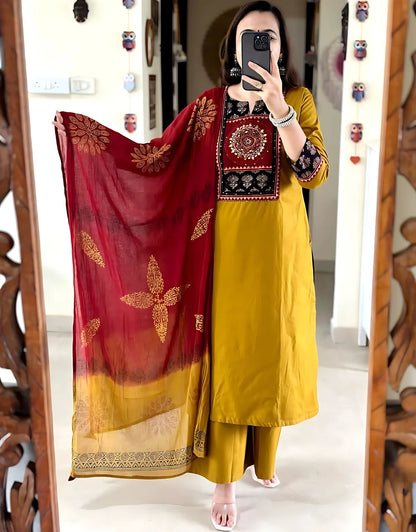 Rajasthani Mirror Work Yellow Kurti Dupatta Set